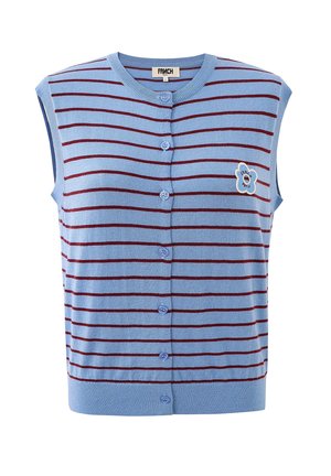 Gilet sans manches bleu avec des rayures horizontales bordeaux, fermeture à boutons à l'avant, et une petite écusson de fleur brodée sur le côté gauche de la poitrine.