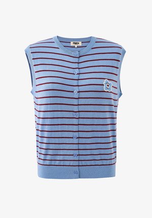 Mouwloos blauw vest met horizontale bordeauxrode strepen, knoopsluiting aan de voorkant en een kleine geborduurde bloemenpatch op de linkerborst.