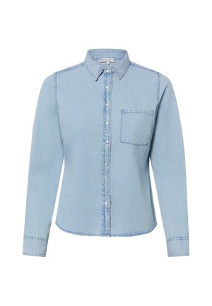 Lichtblauw denimshirt met lange mouwen, knoopsluiting aan de voorkant, kraag en een enkele borstzak aan de linkerkant.