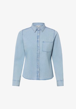 Lichtblauw denimshirt met lange mouwen, knoopsluiting aan de voorkant, kraag en een enkele borstzak aan de linkerkant.
