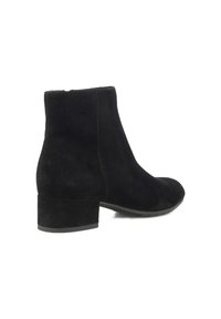 Black suede ankle boots with a rounded toe and a short, stacked heel. Smooth texture with no visible hardware or adornments.