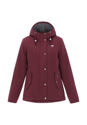 Veste imperméable bordeaux avec capuche, boutons-pressions, deux poches avant et doublure grise. Comprend des cordons de serrage réglables et un logo.