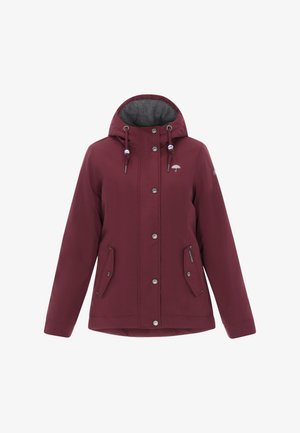 Chaqueta impermeable color marrón con capucha, botones a presión, dos bolsillos frontales y forro gris. Cuenta con cordones ajustables y detalle de logo.