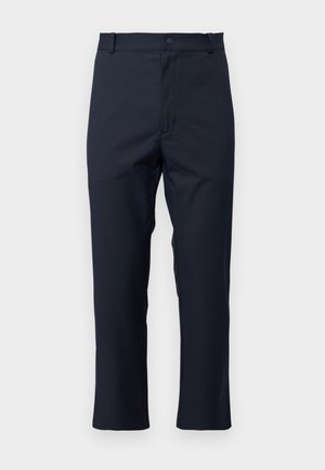Pantaloni su misura blu navy realizzati in tessuto liscio, dotati di chiusura con bottone, frontale piatto e gambe dritte con orli puliti.