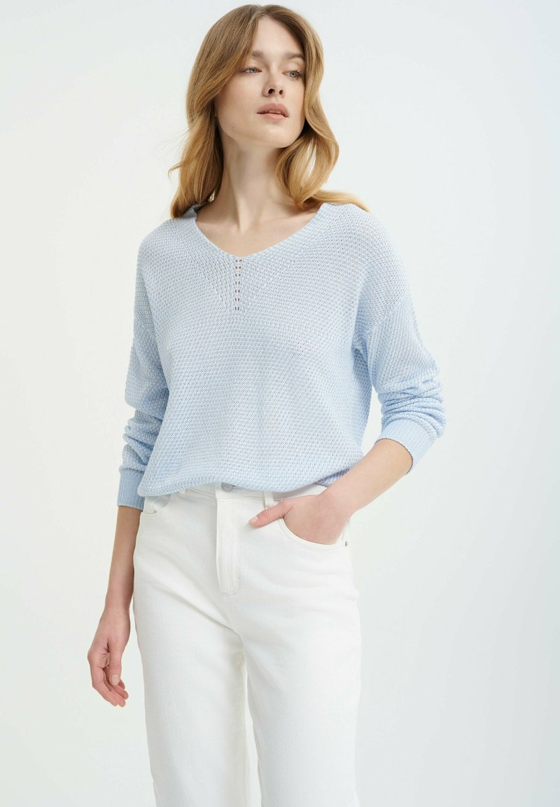 Lichtblauwe gebreide trui met een textuurpatroon, V-hals en lange mouwen. Gepaard met witte, hooggerokte jeans. Minimalistisch ontwerp.
