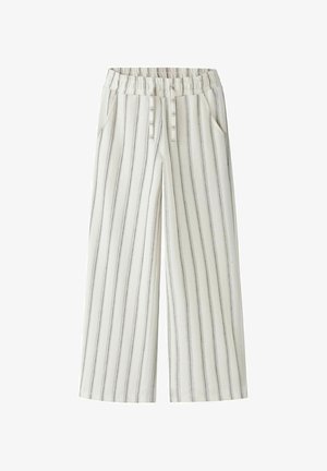 Hvite bukser med vide ben med svarte vertikale striper, elastisk midje, snor og sidelommer.