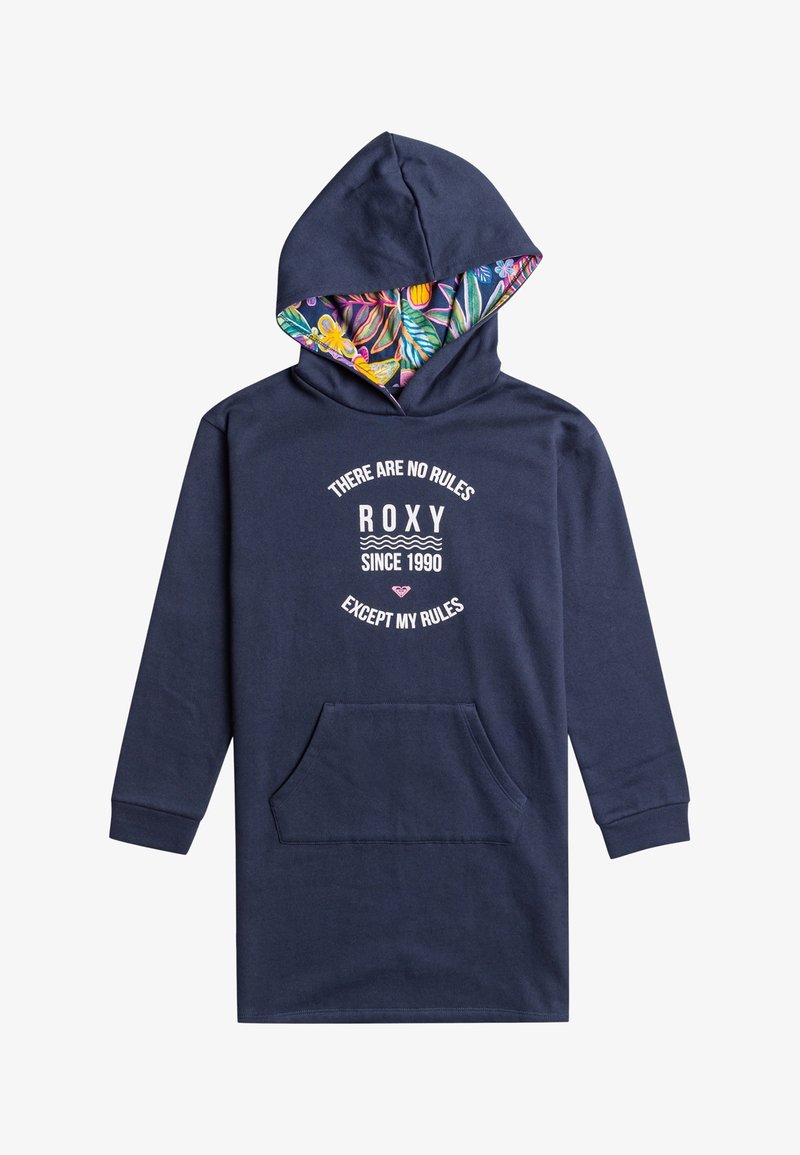 Robe sweat à capuche bleu marine avec doublure de capuche à motif floral et texte blanc "Il n'y a pas de règles chez ROXY depuis 1990 sauf mes règles."