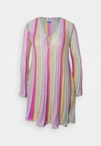 Tunic multicolore con maniche lunghe e scollatura a V. Strisce verticali in rosa, viola, oro e turchese. Dettaglio con lacci regolabili.
