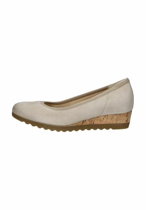 Beige wedge shoes with a soft suede upper, a rounded toe, and a cork-patterned wedge heel. Grooved rubber sole adds grip.