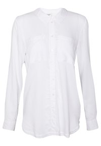 Camicia bianca a maniche lunghe con colletto a punta, due tasche sul petto e chiusura frontale con bottoni. Realizzata in tessuto leggero con una leggera texture.