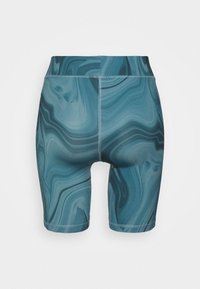 Vysoké cyklistické šortky v barvě teal s mramorovým vzorem. Vyrobené z hladkého, elastického materiálu s plochými švy a přiléhavým střihem.