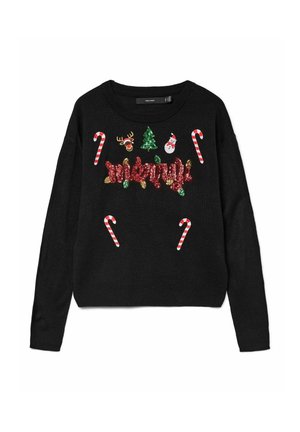 Zwarte kersttrui met pailletten tekst "merry", versierd met suikerstokken, rendieren, een kerstboom en een sneeuwman aan de voorkant.