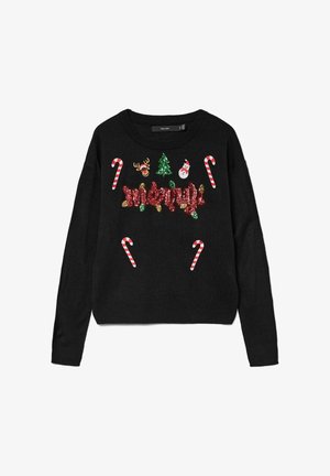 Sort julesweater med palietter på teksten "glædelig", samt dekorationer af slikstokke, rensdyr, juletre og snemænd på forsiden.