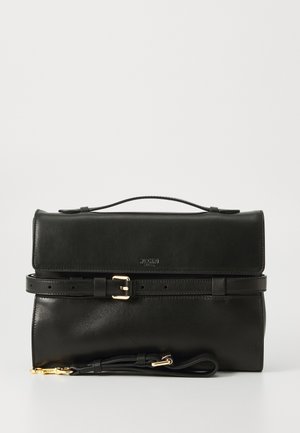 Black leather Moschino handbag with top handle, front buckle belt, and detachable shoulder strap with gold hardware.