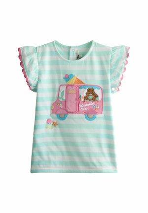 Minz-weiß gestreiftes Kleinkindkleid mit Rüschenärmeln und rosa Eiswagen-Stickerei mit einer Meerjungfrau, die Eis serviert.
