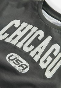 Grå sweatshirts med forhøjede hvide bogstaver, der stavler 'CHICAGO', og et slidt 'USA'-logo nedenunder, med ribbet krave og blød tekstur.