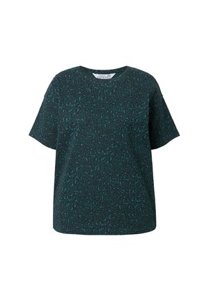 Dark green short-sleeve t-shirt with black and teal leopard print pattern, round neckline, and relaxed fit.