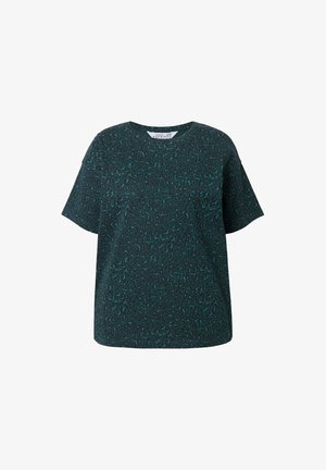 Ciemnozielona koszulka z krótkim rękawem w czarno-szmaragdowy wzór w panterkę, okrągły dekolt i luźny krój.