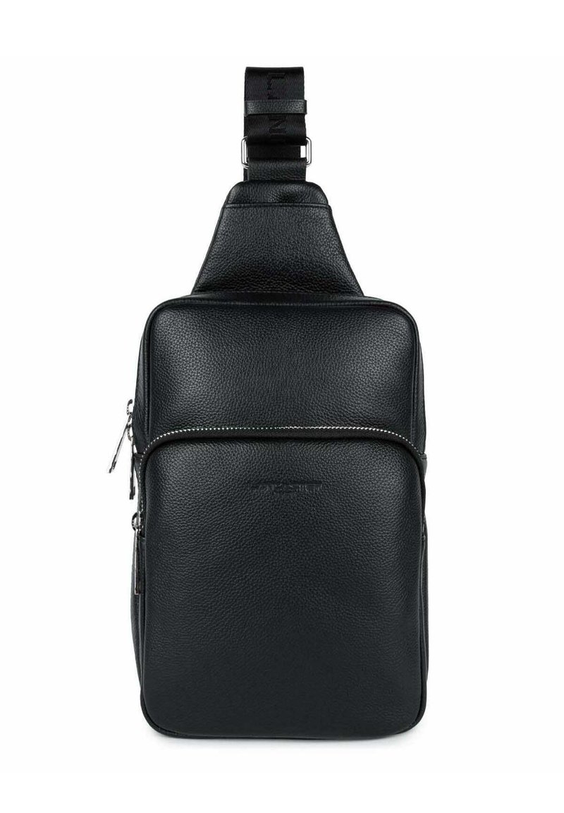 Borsa a tracolla nera in pelle con finitura texture, dotata di un comparto principale con zip e una tasca frontale con zip. Spallacci regolabili nella parte superiore.