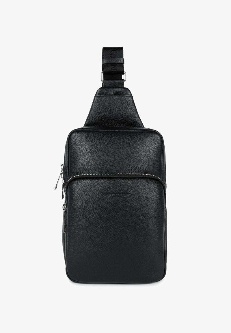 Schwarze Leder-Schultertasche mit strukturiertem Finish, ausgestattet mit einem Hauptfach mit Reißverschluss und einer Vordertasche mit Reißverschluss. Verstellbarer Riemen oben.