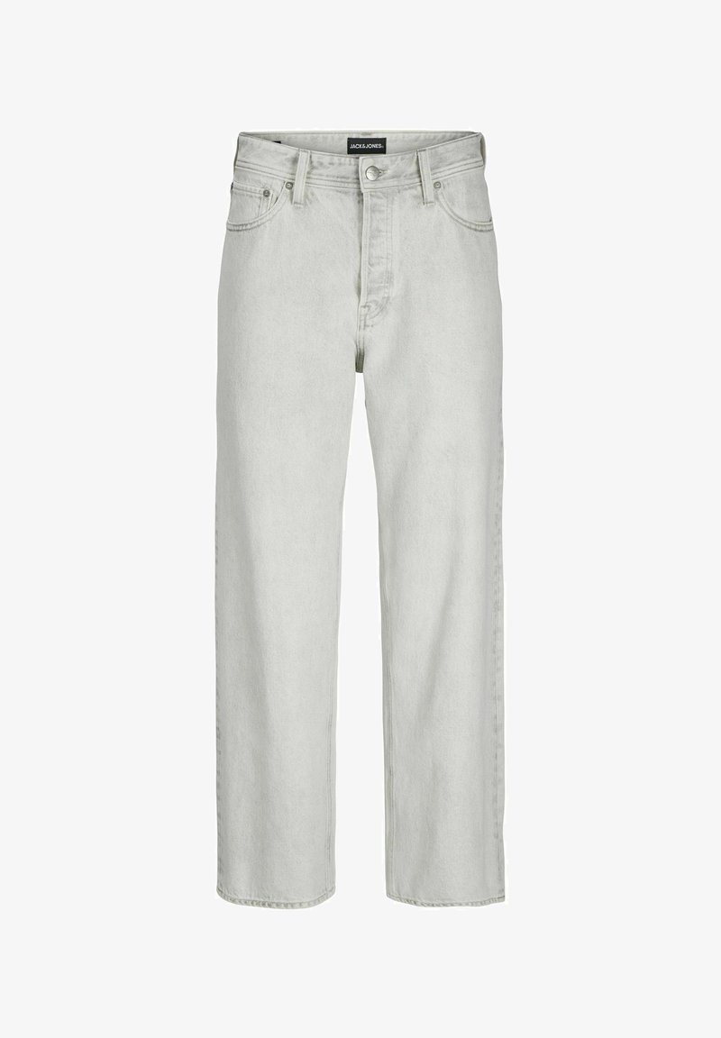 Hellgraue Denim-Jeans mit geradem Bein, ausgestattet mit einem Knopfverschluss, fünf Taschen und einer subtilen, verdunkelten Textur.