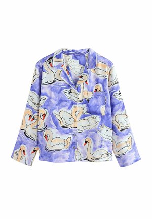 Lichtgewicht shirt met lange mouwen in lavendel met een zwaanpatroon met zwarte omlijningen en oranje snavels. Voorzien van een zak en knoopsluiting.