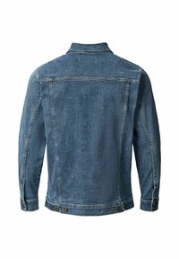 Rückansicht einer blauen Jeansjacke mit langen Ärmeln, geknöpften Manschetten und Knöpfen am Bund vor weißem Hintergrund.