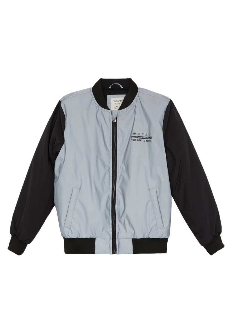 Light gray and black bomber jacket with a zip front, ribbed cuffs, and a printed design on the chest. Made from smooth, lightweight material.