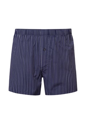 Marineblau gestreifte Boxershorts mit elastischem Bund, Knopfverschluss und weißen vertikalen Streifen. Weicher Stoff mit glatter Textur.