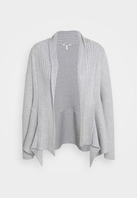 Grå cardigan med ribbet tekstur, åben front og asymmetrisk kant. Blødt, let materiale. Lange ærmer der taper ved håndleddet.