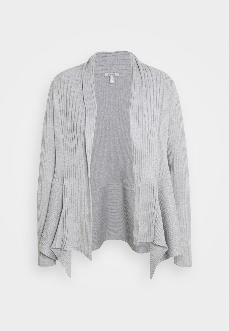 Grå cardigan med ribbet tekstur, åben front og asymmetrisk kant. Blødt, let materiale. Lange ærmer der taper ved håndleddet.