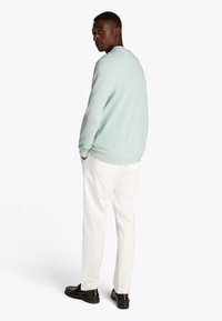 Lysegrønn strikket genser med ribbestrikkede mansjetter og kant, kombinert med hvite bukser og svarte sko. Sett bakfra.