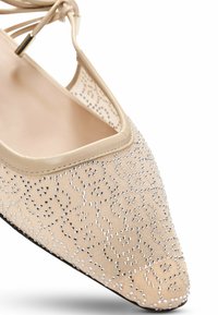 Beżowe baleriny w kształcie szpica z zamszowej tekstury, ozdobione misternymi srebrnymi detalami oraz cielistym skórzanym wykończeniem w okolicy otwarcia.