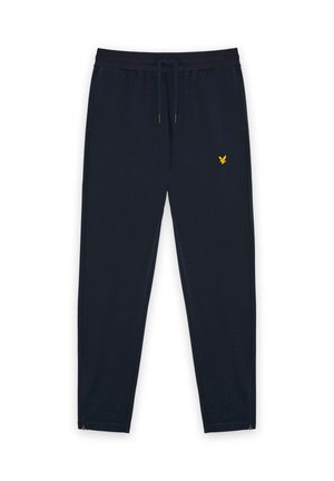 Pantaloni jogger blu navy con vita elastica, coulisse, tasche laterali, piccolo logo giallo a forma di aquila sulla coscia sinistra e cerniere alla caviglia.