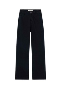 Jeans de mezclilla oscuros de pierna ancha con una cintura alta, cinco bolsillos, costuras en contraste y un cierre de botón en la parte frontal. Textura suave, sin patrones.