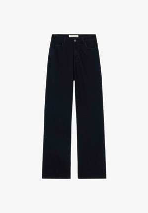 Široké tmavé džínové kalhoty s vysokým pasem, pěti kapsami, kontrastním prošíváním a předním zapínáním na knoflík. Hladký povrch, bez vzorů.