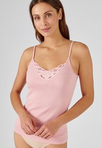 Rozekleurig tanktop met dunne bandjes, Featuring een decoratieve kantafwerking in V-vorm bij de halslijn. Gemaakt van een zachte, rekbare stof.