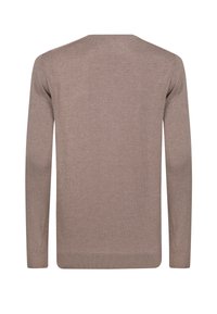 Maglione beige a maniche lunghe in maglia con colletto rotondo, polsini e bordo a coste, texture liscia e senza motivi o decorazioni visibili.