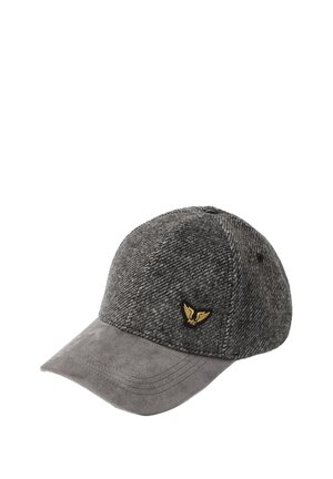 Casquette grise à motif chevron avec une visière incurvée en daim et un petit emblème doré en forme d'aile sur le panneau avant.