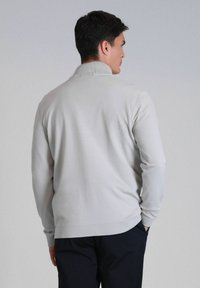 Lichtgrijze pullover trui met een geribbelde kraag, lange mouwen en een aansluitende zoom, gemaakt van een gladde, gebreide stof.