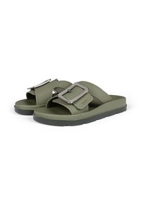 Olive green sandals with a textured strap and a rectangular silver buckle. The sole is flat with a contrasting dark green base.