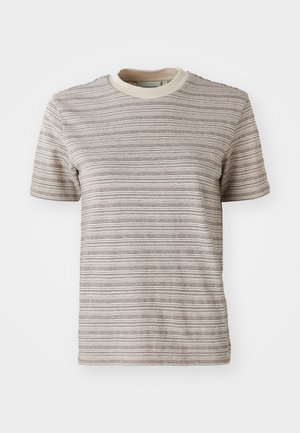 Striped short-sleeve T-shirt in beige and cream. Features a round neck with a contrasting collar and a textured fabric pattern.