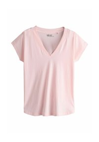 Hele roosa lühikeste varrukatega V-kaelusega T-särk, mis on valmistatud pehmest puuvillakangast. Omadusteks on lõdvestunud lõige ja sile tekstuur minimaalsete detailidega.