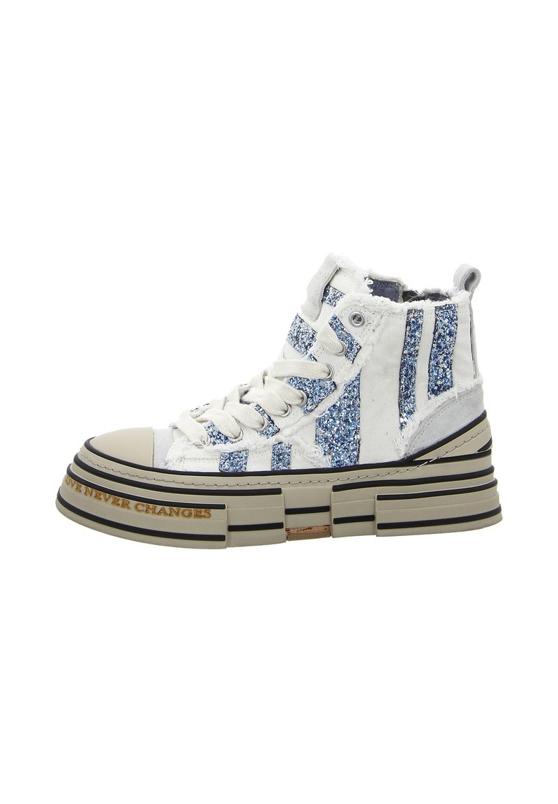 High-top sneakers with white fabric, blue glitter accents, thick beige sole, and black stripes. Features a distressed design and gold lettering.