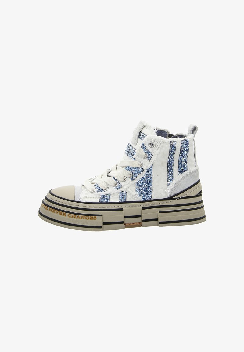 High-top sneakers with white fabric, blue glitter accents, thick beige sole, and black stripes. Features a distressed design and gold lettering.