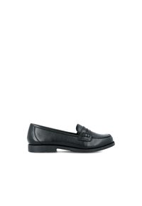 Mocasín de cuero negro con punta redonda, costuras decorativas y un sutil elemento de diseño inspirado en un bolso en la parte frontal. Tacón bajo.