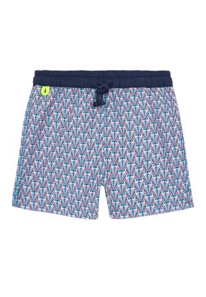 Short de bain homme avec motif éventail bleu, rose et blanc, ceinture élastique bleu marine et cordon de serrage bleu marine avec détail boucle jaune.