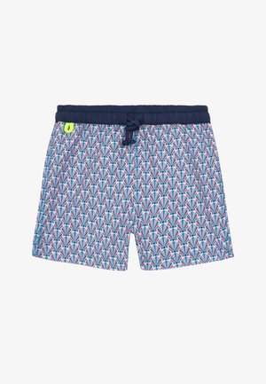 Short de bain homme avec motif éventail bleu, rose et blanc, ceinture élastique bleu marine et cordon de serrage bleu marine avec détail boucle jaune.