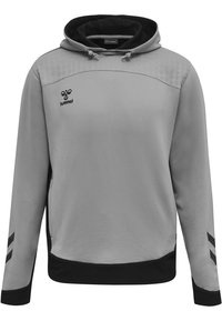 Grijze hoodie met zwarte accenten, textiel met structuur, trekkoordcapuchon en een logo op de borst. Bevat zwarte zijstrepen en een mesh voering.