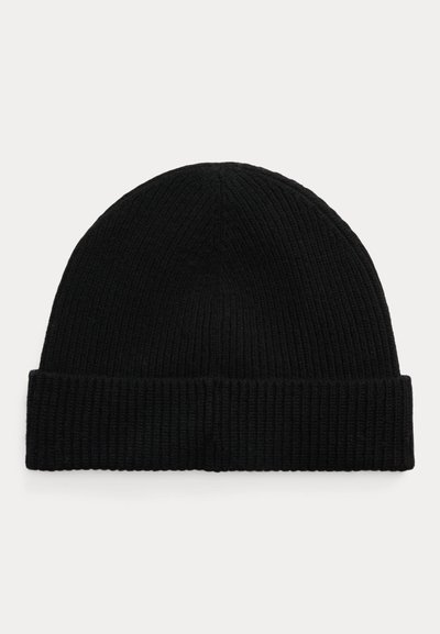 Gorro de punto negro con canalé y puño doblado, mostrado plano sobre un fondo claro.